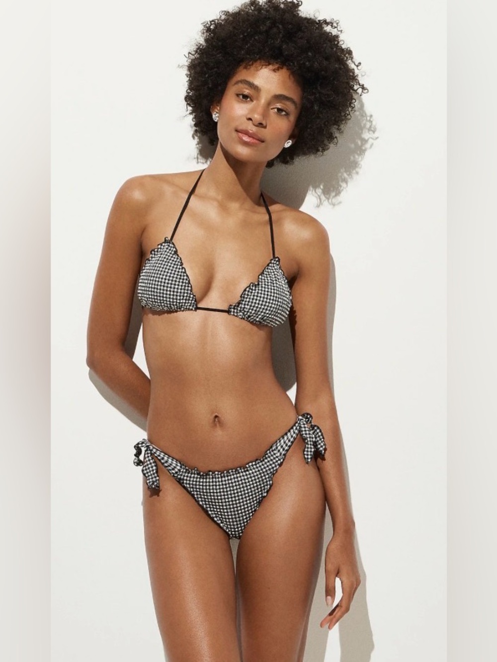 J. Crew Lettuce-trim String Bikini Set in Gingham In Mini Gingham Black Ivor NWT